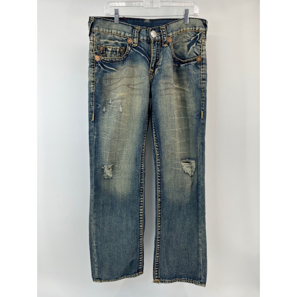 True Religion Bobby Super T Jeans Mens 34 Blue Distressed Thick Stitch Straight